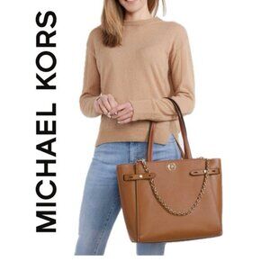 MICHAEL KORS CARMEN LARGE TOTE PEBBLE LEATHER CHESTNUT GOLD VERSATILE CARRY ALL